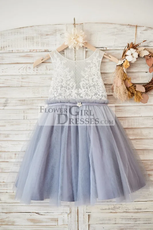 Ivory Lace Gray Tulle Sheer Back Wedding Flower Girl Dress, Belt