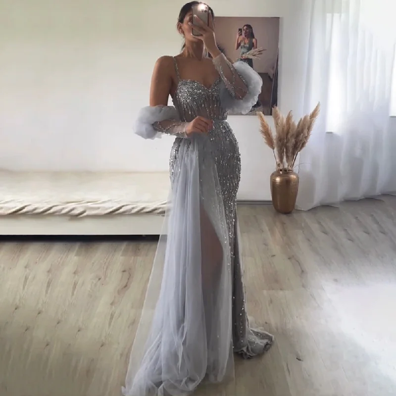 Serene Hill Gray Mermaid Elegant Balloon Sleeves Sweetheart Evening Dresses Gowns 2022 Luxury Beaded For Women Party LA71571A