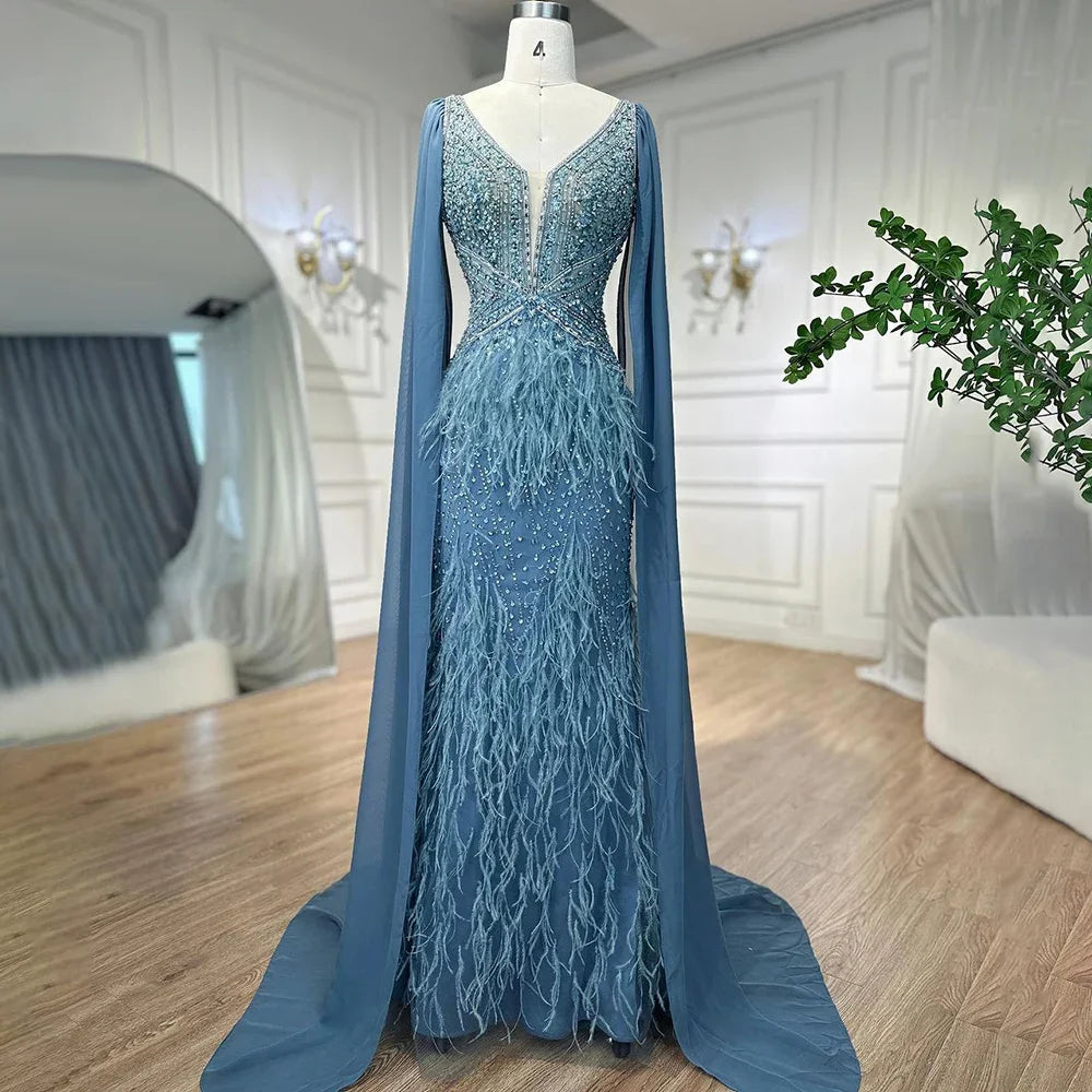 Serene Hill Arabic Blue Mermaid Elegant With Cape Luxury Beaded Feather Dubai Evening Dresses Gowns for Women Party LA71583B Serene Hill Arabic Blue Mermaid Elegant With Cape Luxury Beaded Feather Dubai Evening Dresses Gowns for Women Party LA71583B