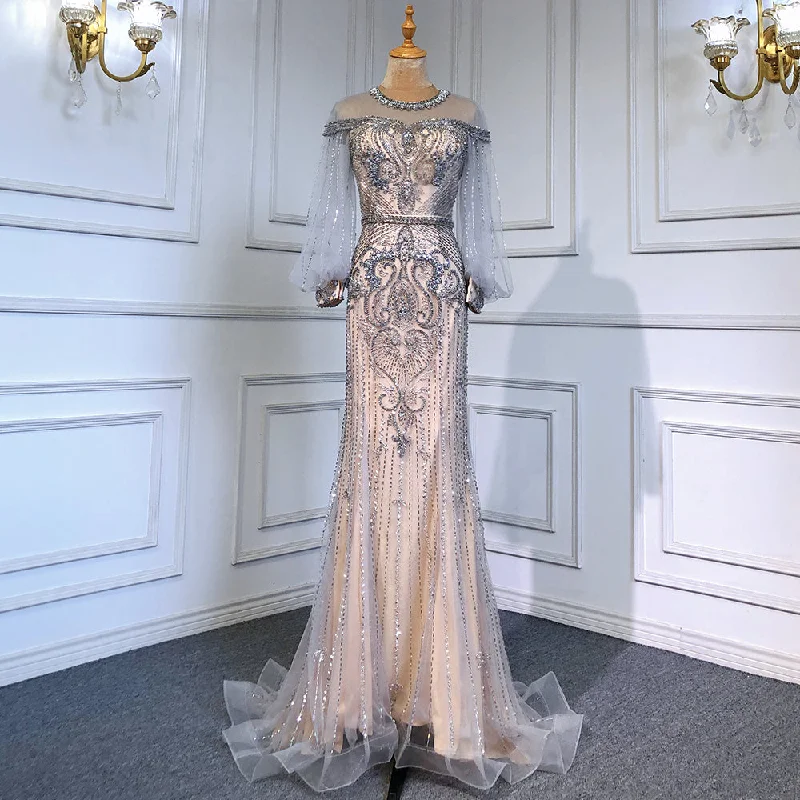 Serene Hill Grey Nude Luxury Evening Dresses Gowns 2024 Beaded Lantern Sleeve Mermaid Elegant For Women Party LA71603