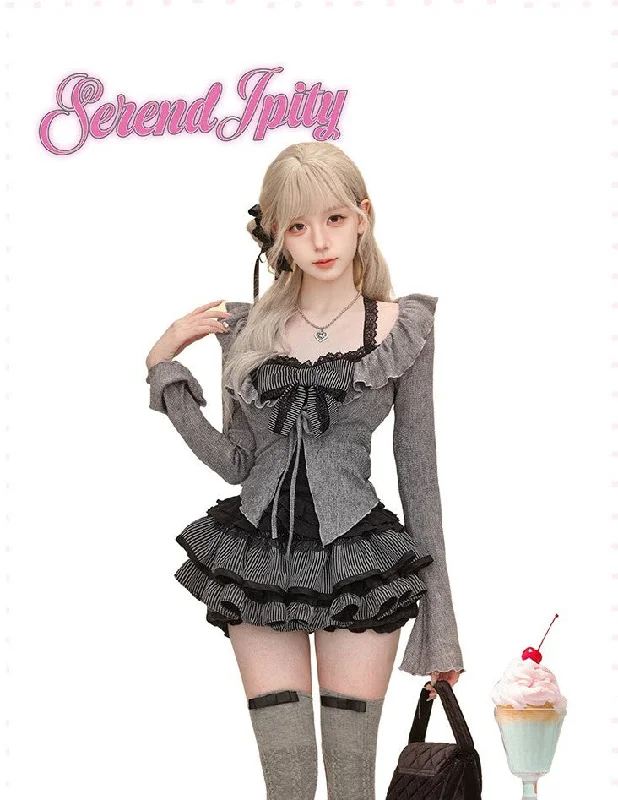 Twilight Black Lace Camisole/Gray Knit Cardigan/Short Skirt SER0084 Polka Dot Checkered Tartan