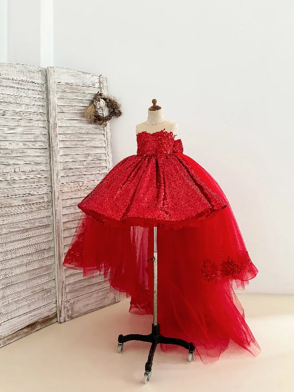 Ball Gown Red Sequin Lace Tulle Hi-Low Detachable Train Wedding Flower Girl Dress