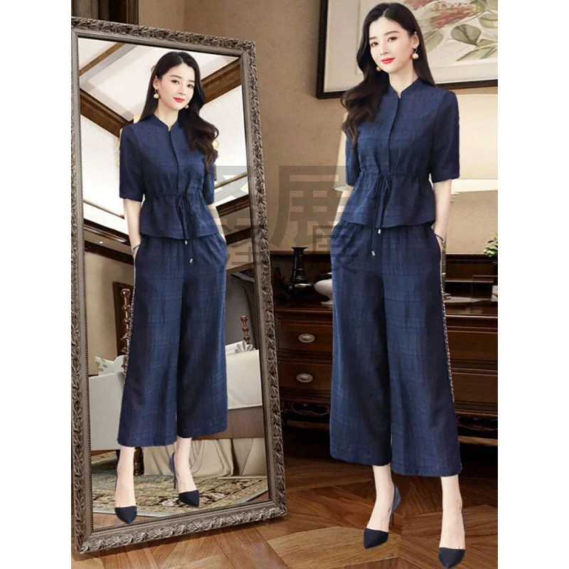 Zh Cotton and Linen Wide-Leg Pants Suit Women's Summer Wear  New Small Slimming Linen Leisure Fashion Two-Piece Suit minus Discount Flared,