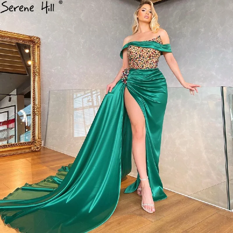Serene Hill Green High Split Stain Evening Dresses Gowns 2024 Beaded Elegant Mermaid For Women Party LA71254