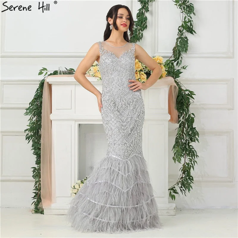 Silver Perspective Mermaid Evening Dress Diamond Feathers Evening Gowns LA6654