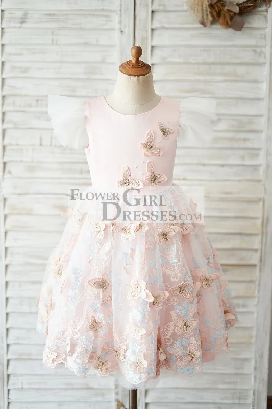 Pink Satin Butterfly Tulle Ruffles Cap Sleeves V Back Wedding Flower Girl Dress