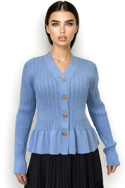 LS65016 RUFFLE HEM CARDIGAN SWEATER Boat Neck Shawl Collar Notched Collar