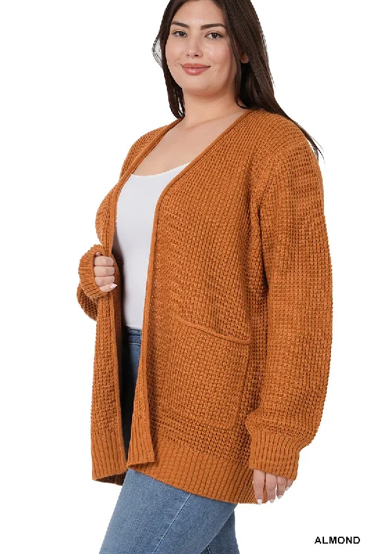 Plus Comfy Waffle Cardigan Front Pockets Side Pockets Patch Pockets