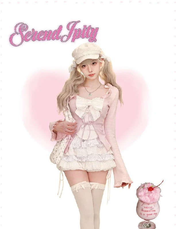 Pink Slim Cardigan/White Camisole/White Cake Pants Skirt SER0087 Open Front Closed Front Wrap Front