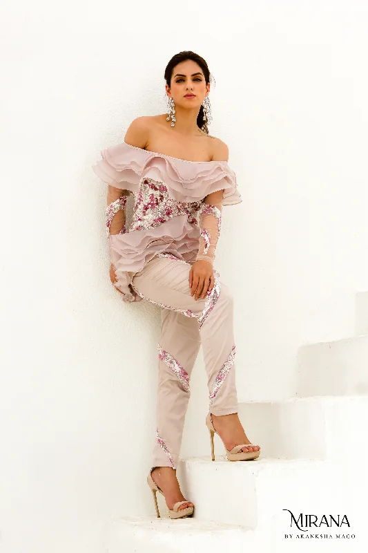 La Rosa- Ruffled Peplum Top Pants Cord Set Trendy Cotton,