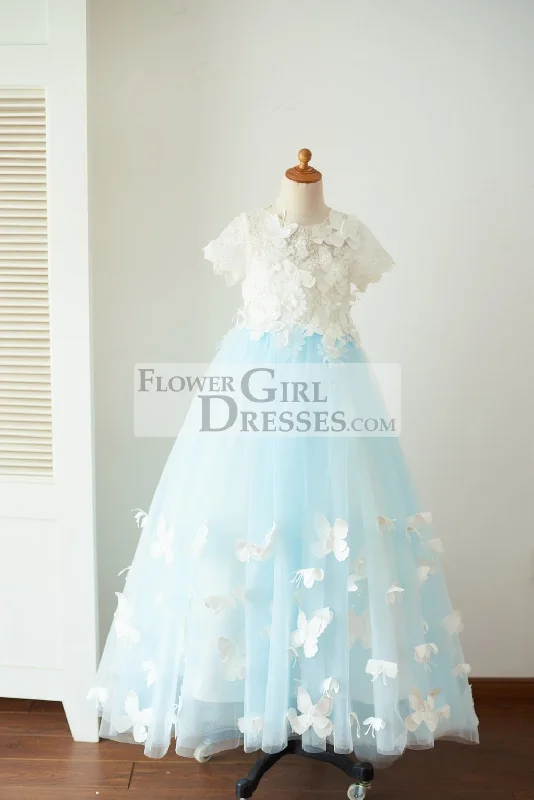 Ivory Lace Blue Tulle Short Sleeves Wedding Flower Girl Dress, Butterfly