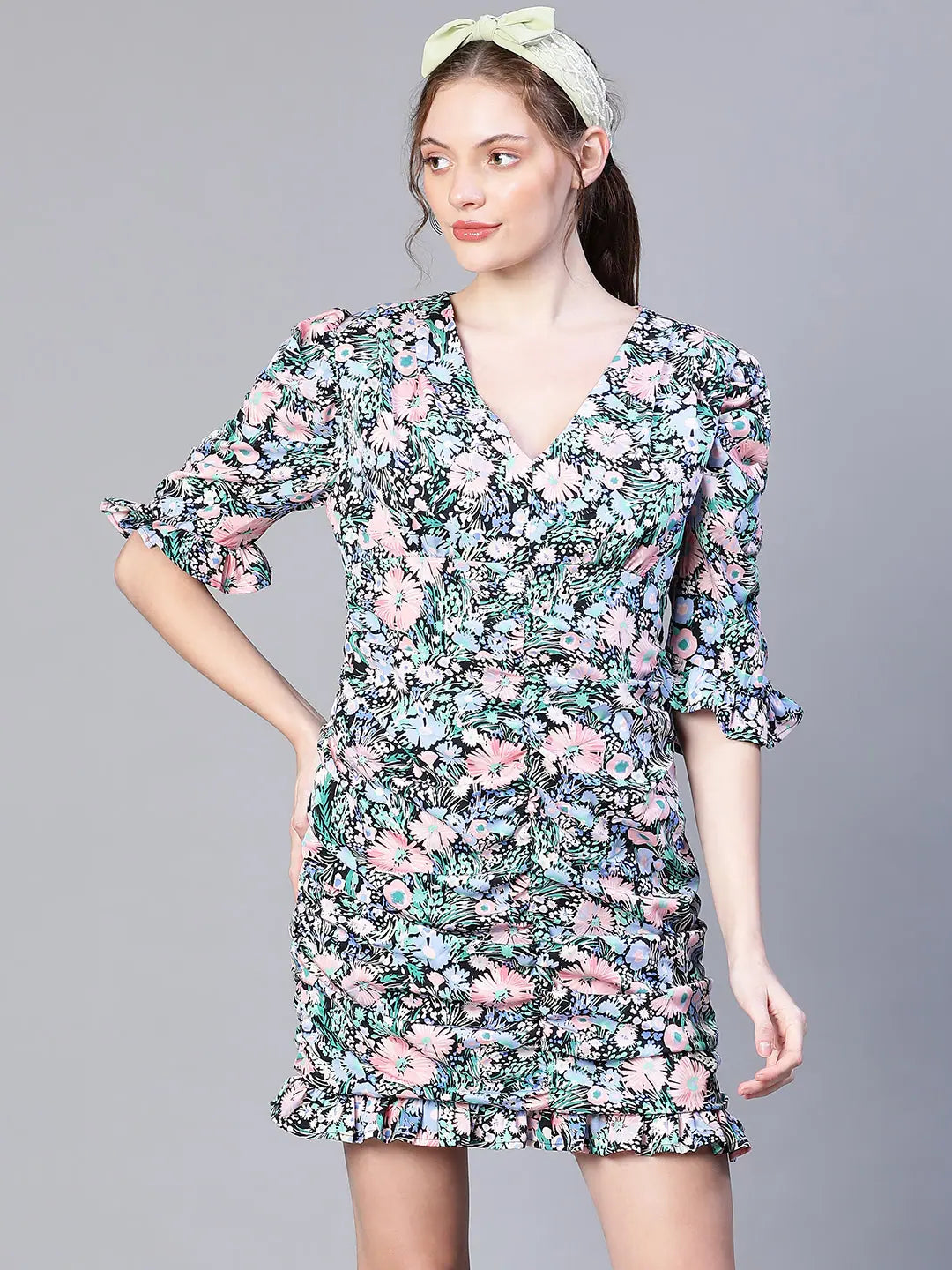 Women Multicolor Floral Print Gather Pleated V-Neck Ruffle Dress