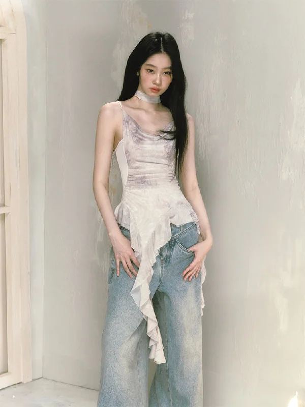 Flower Shadow Irregular Wood Ear Edge Camisole/Skirt/Cardigan SAL0058 Bright Pastel Dark