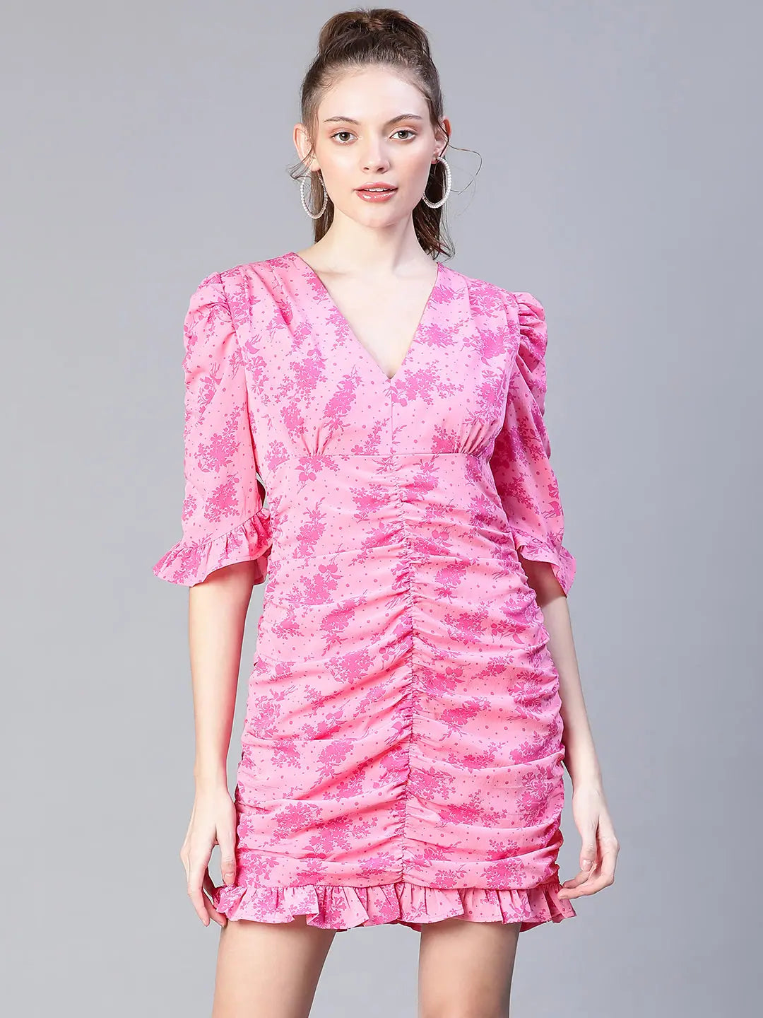 Women Pink Floral Print Gather Pleated V-Neck Ruffle Dress