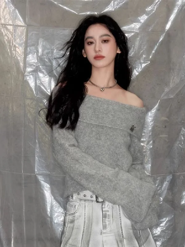 One-line neck strapless sweater【s0000005625】 Soft Cozy Warm