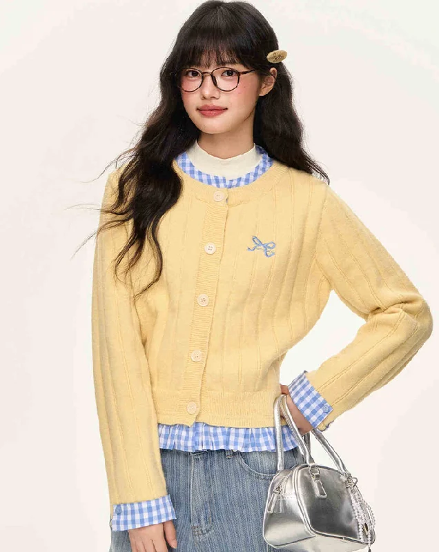 Checkered Inner Docking Ribbon Embroidery Girly Cardigan NTO0141 Denim Fabric Leather Fabric Suede Fabric