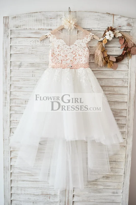 Cap Sleeves Ivory Lace Tulle Hi Low V Back Wedding Party Flower Girl Dress