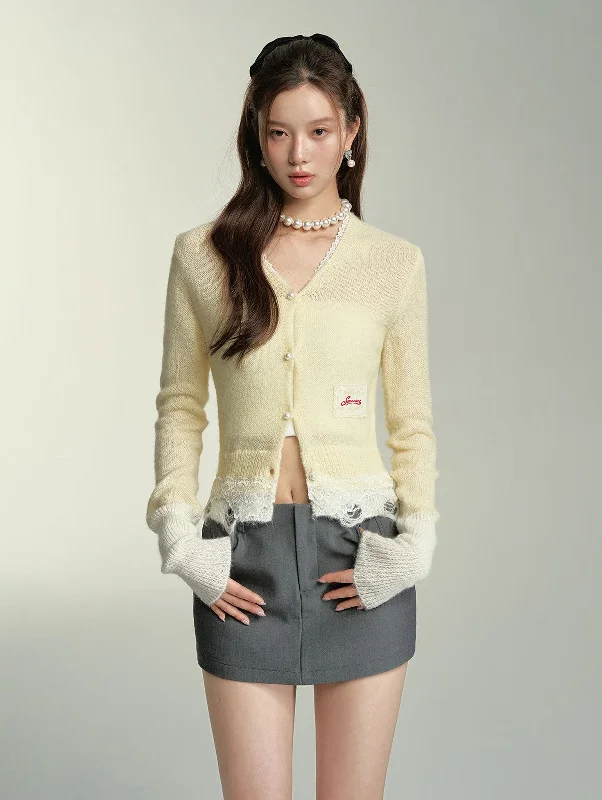 Lace Destroyed Mohair Chick Yellow Knitted Cardigan SOM0058 Denim Fabric Leather Fabric Suede Fabric