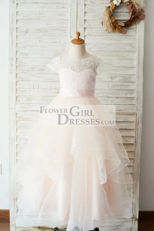 Ivory Lace Pink Tulle Cap Sleeves Wedding Flower Girl Dress, Horsehair