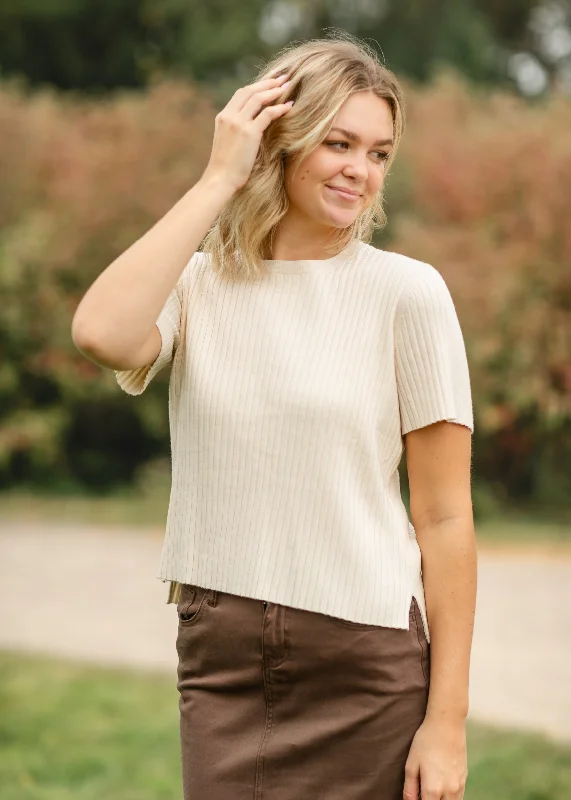 Cream Ribbed Short Sleeve Sweater - FINAL SALE Stylish Fashionable Trendy