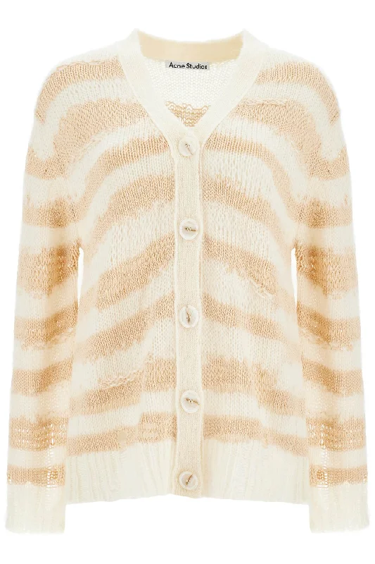Striped Distressed Cardigan With  - White Faux Fur Fabric Real Fur Fabric Shearling Fabric