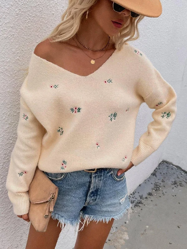 Ladies Flower Embroidery V-Neck Sweater E2201 Ribbed Striped Patterned