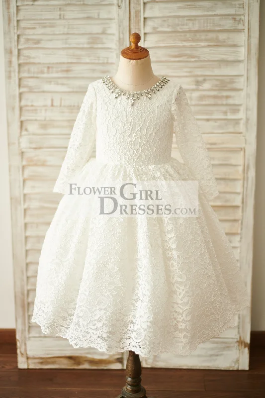 Ivory Lace Long Sleeves Wedding Flower Girl Dress, Beading Neck