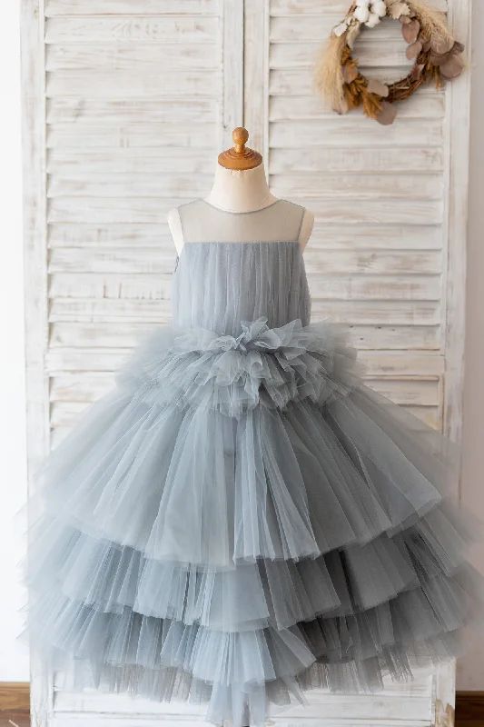 Ball Gown Gray Tulle Sheer Neck Cupcake Tea Length Wedding Flower Girl Dress