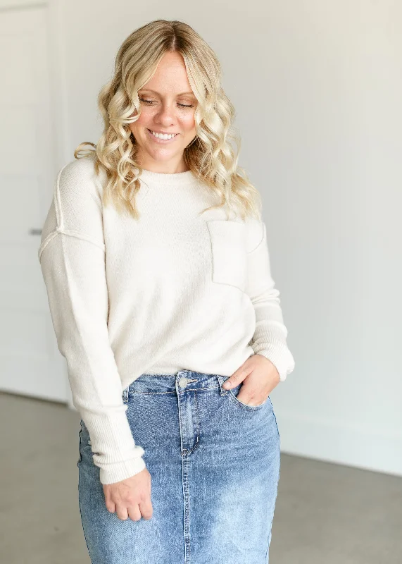 Front Pocket Crewneck Knit Sweater - FINAL SALE Solid Print Embellished