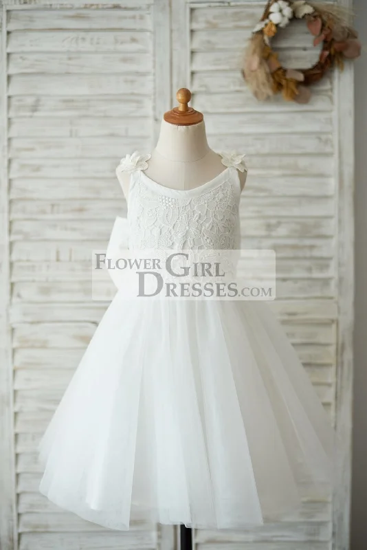 Princess Ivory Lace Tulle V Back Wedding Flower Girl Dress, Big Bow