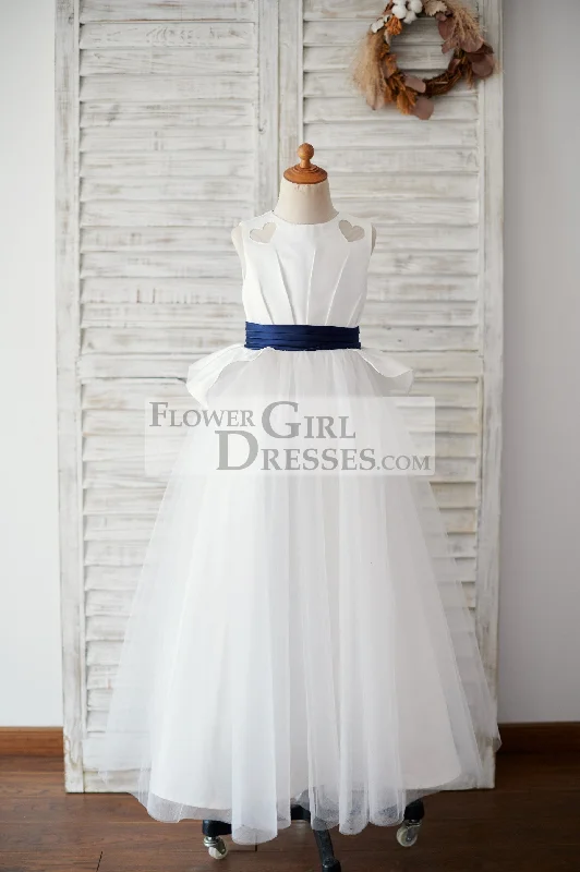 Princess Ivory Satin Tulle Wedding Flower Girl Dress, Navy Blue Belt