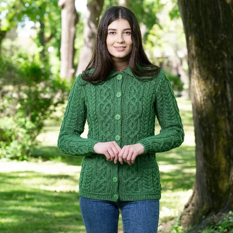 Ladies Button Green Irish Aran Cardigan Mesh Blend Leather Blend Suede Blend