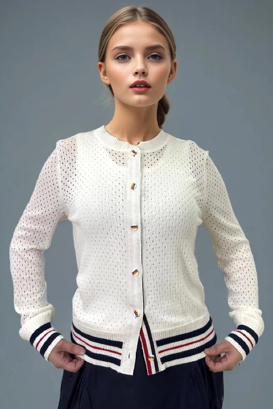 LS65022 EYELET CARDIGAN SWEATER (WHT, BLUE) Fitted Loose Oversized