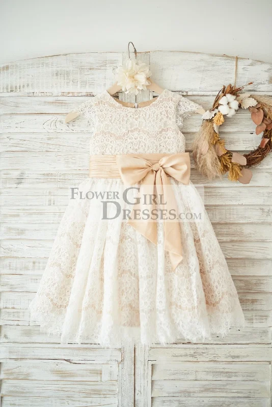 Champagne Satin Ivory Lace Cap Sleeves Wedding Flower Girl Dress, Bow