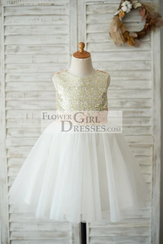Gold Sequin Ivory Tulle V Back Wedding Flower Girl Dress, Pink Lace Belt