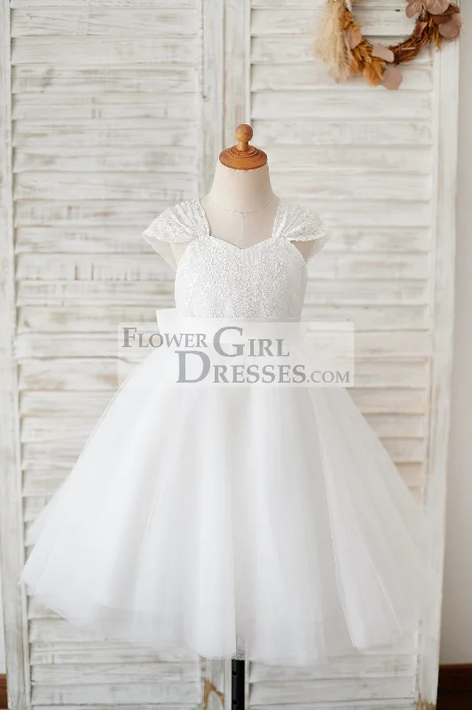 Cap Sleeves Ivory Lace Tulle Wedding Flower Girl Dress, Big Bow