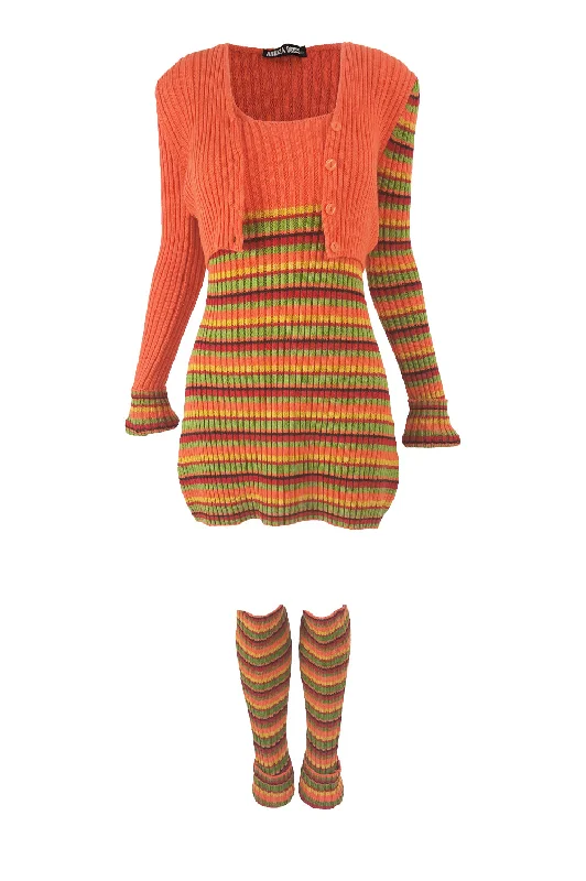 Aridza Bross Vintage y2k Striped Knit Dress, Cardigan & Leg Warmers Houndstooth Herringbone Solid