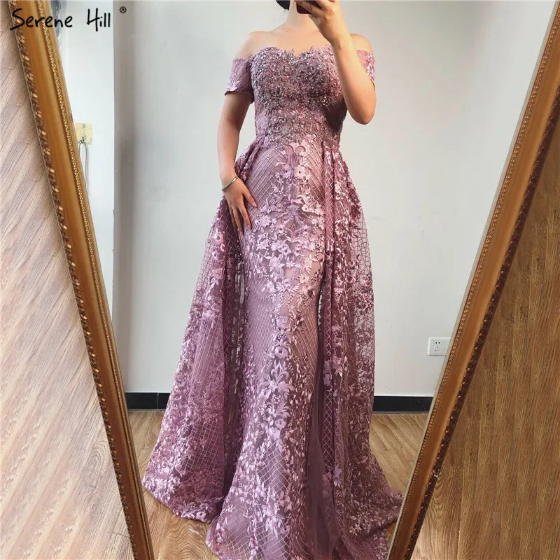 Serene Hill Pink Mermaid Elegant Short Sleeve Flowers Evening Dresses 2024 Dubai Sexy Off Shoulder Lace Crystal Gowns LA70200 Serene Hill Pink Mermaid Elegant Short Sleeve Flowers Evening Dresses 2024 Dubai Sexy Off Shoulder Lace Crystal Gowns LA70200