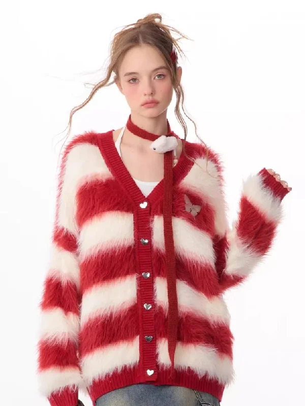Sticky Chunky Red Striped Knit Sweater Cardigan【s0000006174】 Ribbed Striped Patterned