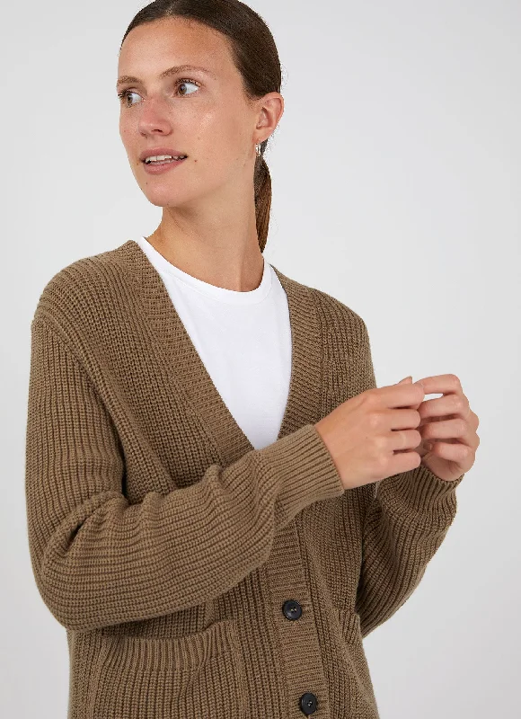 Women's Cotton Cardigan in Dark Tan Silk Blend Satin Velvet