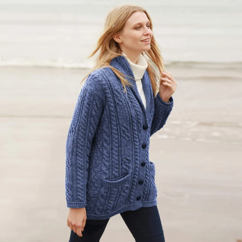 Ladies V-Neck Irish Aran Button Cardigan Embroidered Appliqued Beaded