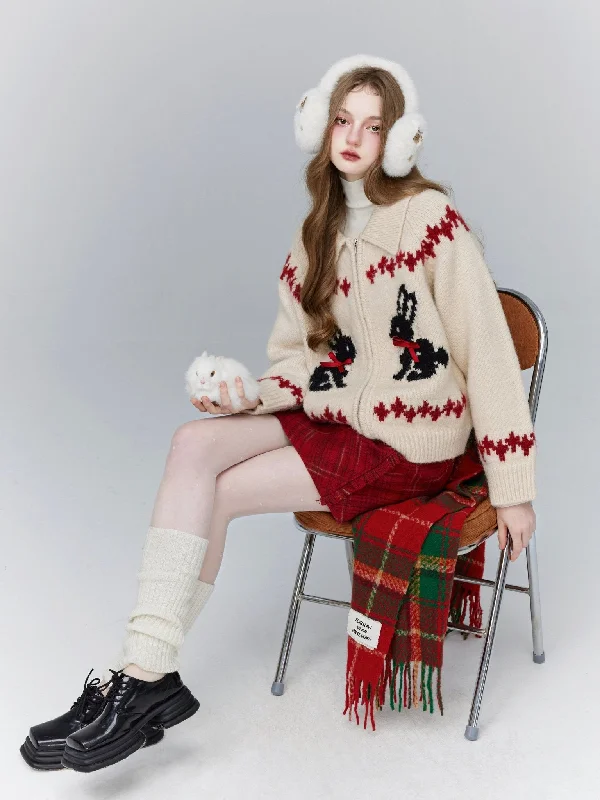 Rabbit Embroidery Knit Zip Cardigan FRA0069 Slim Fit Regular Fit Oversized