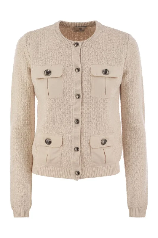 Bouclé wool cardigan with technical sail cloth pockets Zippered Front Buttoned Front Snap Front