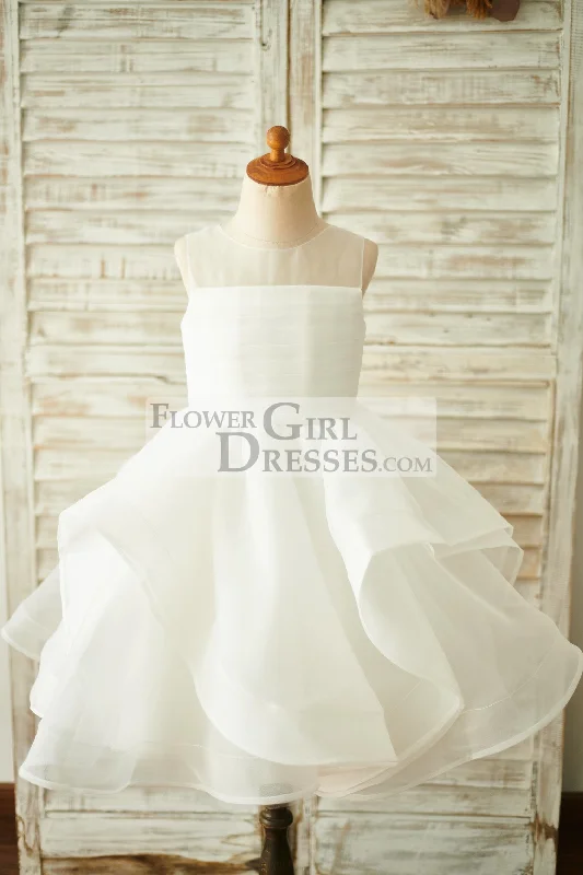Princess Ivory Organza Sheer Neck V Back Wedding Flower Girl Dress