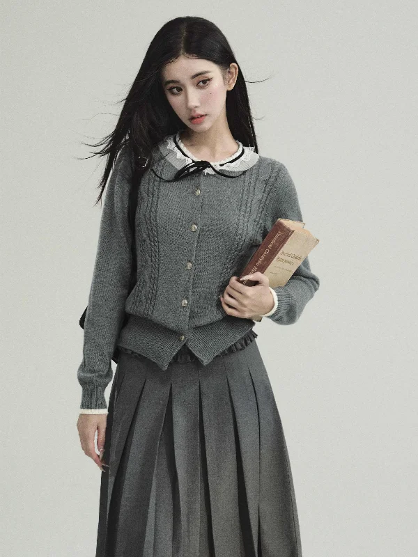 College Style Lace Ribbon Collar Cable Knit Cardigan FRA0218 Stylish Fashionable Trendy