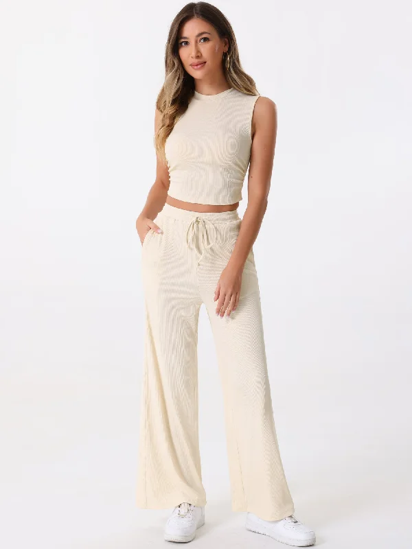 2 Pieces Textured Sleeveless Cropped Top & Wide Leg Pants Lounge Set Skinny Best Seller,