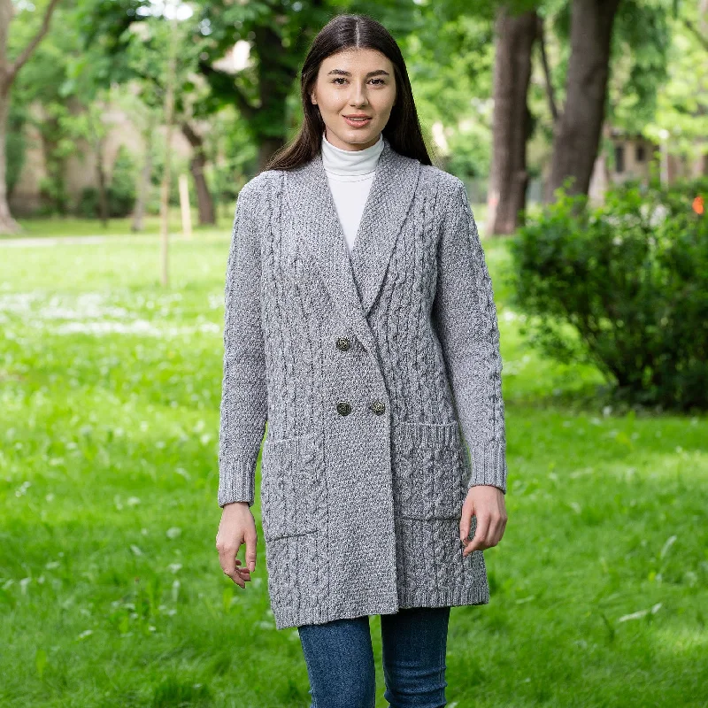 Ladies Shawl Neck Knitted Irish Cardigan Striped Floral Plaid