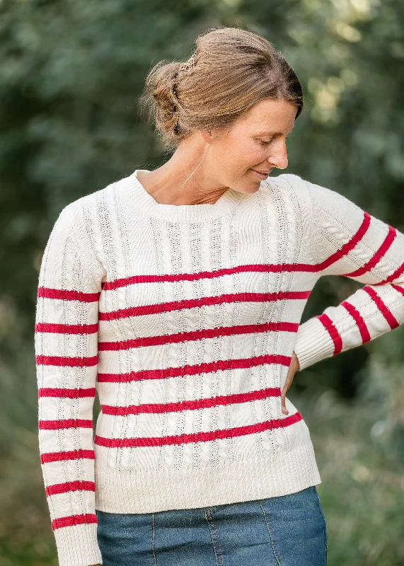 Darcy Red Stripe Chain Knit Sweater Boat Neck Shawl Collar Notched Collar