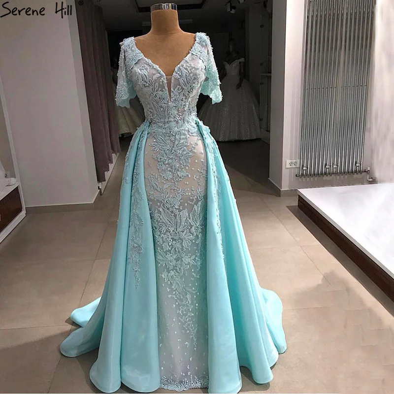 Mint V-Neck Vintage Evening Dresses Handmade Flowers With Train LA6605