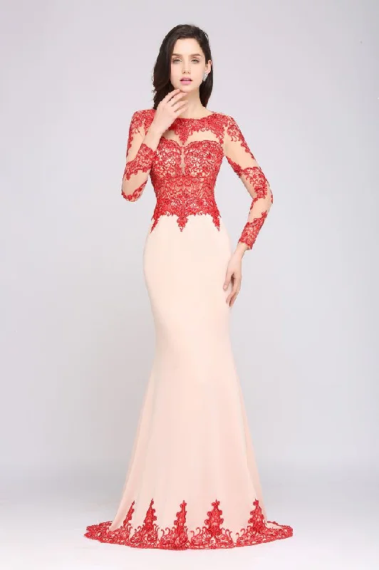Pink Mermaid Scoop Sweep Train Pretty Evening Dresses with Lace